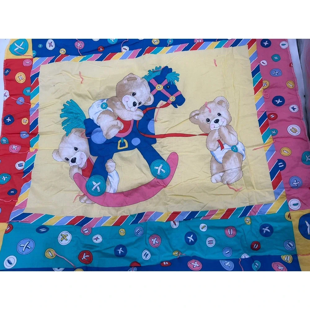 Vintage Baby Blanket Quilt Rocking Horse Teddy Bear Button Yellow Blue